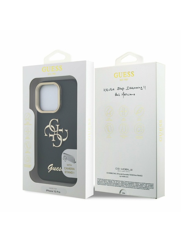 Guess Guess PU Grained 4G Logo Stand Ovitek kamere Zadnji ovitek za iPhone 15 Pro Črn