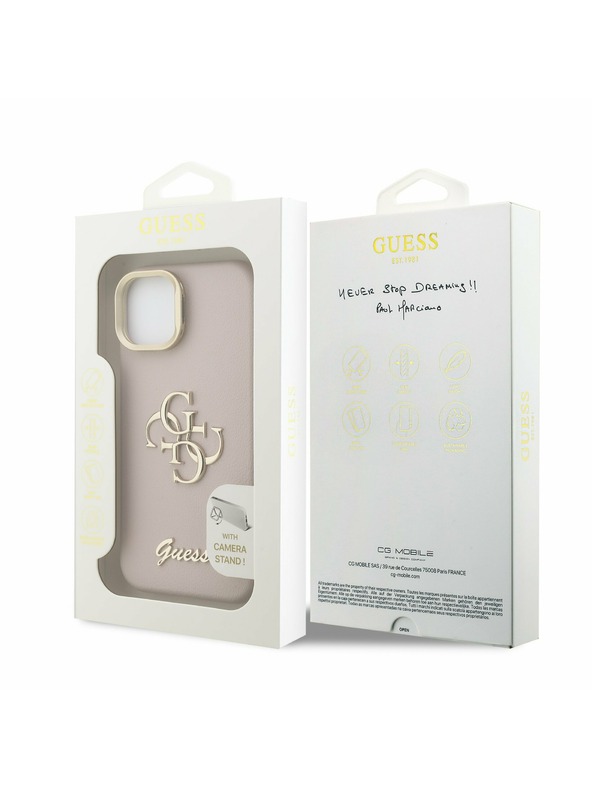 Guess Guess PU Grained 4G Logo Stand Ovitek kamere Zadnji ovitek za iPhone 13 Roza
