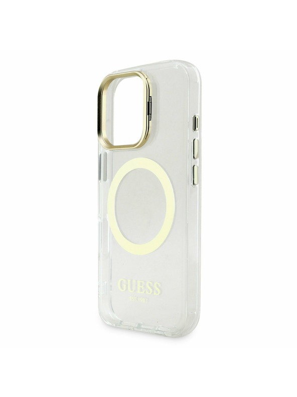 Guess Guess IML Gold Outline Stand Ovitek kamere MagSafe za iPhone 16 Pro Prozoren