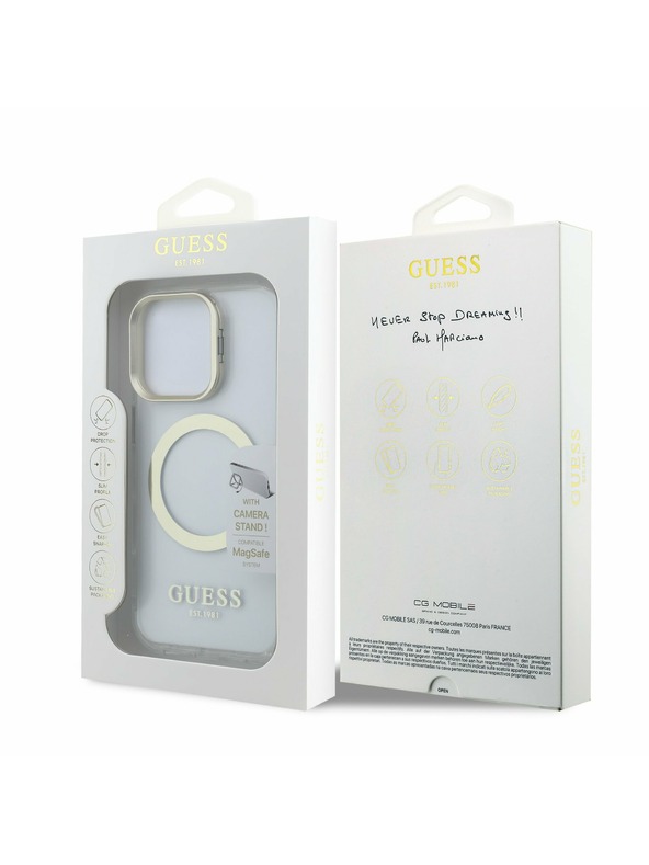 Guess Guess IML Gold Outline Stand Ovitek kamere MagSafe za iPhone 16 Pro Prozoren