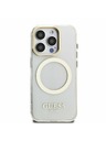 Guess Guess IML Gold Outline Stand Ovitek kamere MagSafe za iPhone 15 Pro Max Prozoren