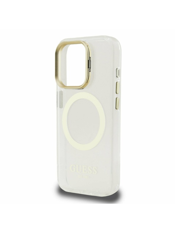 Guess Guess IML Gold Outline Stand Ovitek kamere MagSafe za iPhone 15 Pro Max Prozoren