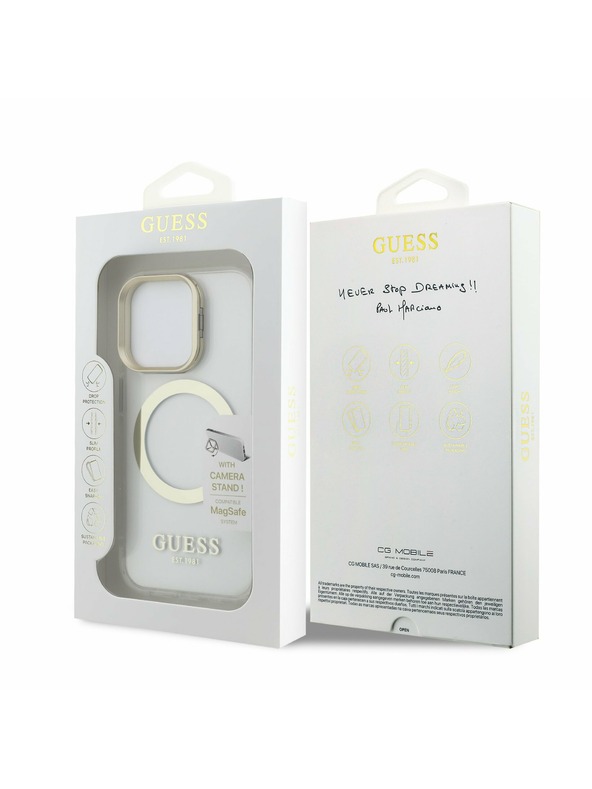 Guess Guess IML Gold Outline Stand Ovitek kamere MagSafe za iPhone 15 Pro Max Prozoren