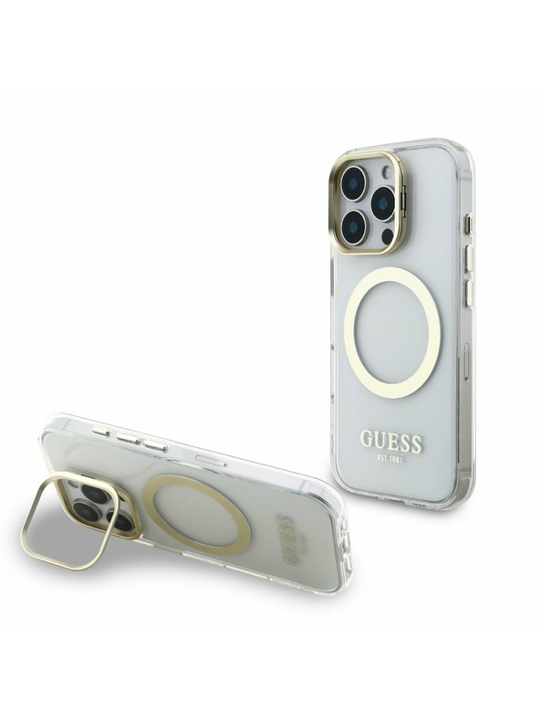 Guess Guess IML Gold Outline Stand Ovitek kamere MagSafe za iPhone 16 Pro Max Prozoren