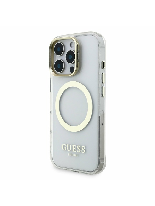 Guess Guess IML Gold Outline Stand Ovitek kamere MagSafe za iPhone 16 Pro Max Prozoren