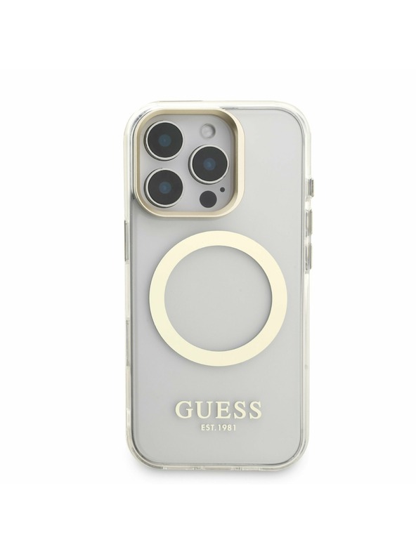 Guess Guess IML Gold Outline Stand Ovitek kamere MagSafe za iPhone 16 Pro Max Prozoren