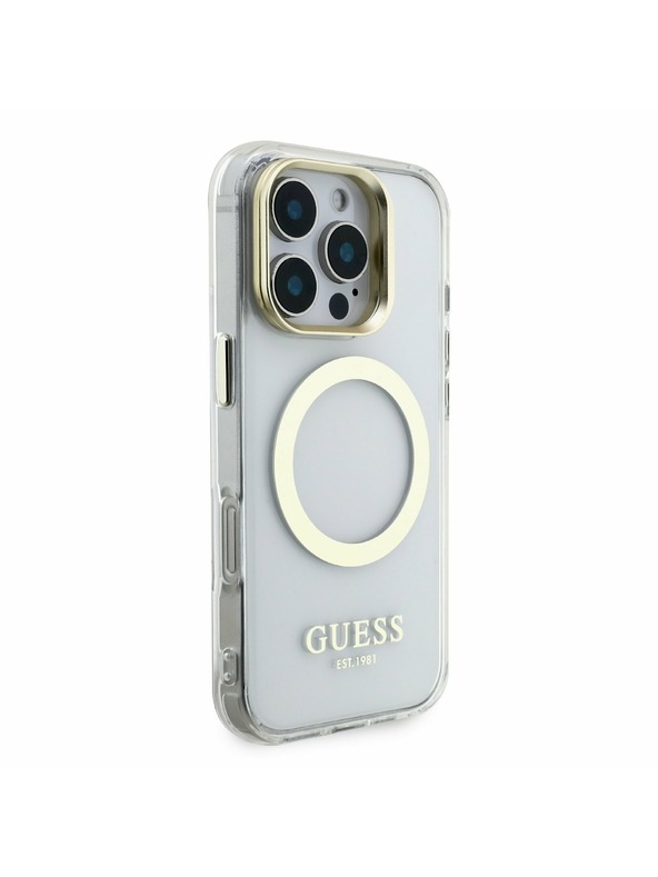 Guess Guess IML Gold Outline Stand Ovitek kamere MagSafe za iPhone 16 Pro Max Prozoren