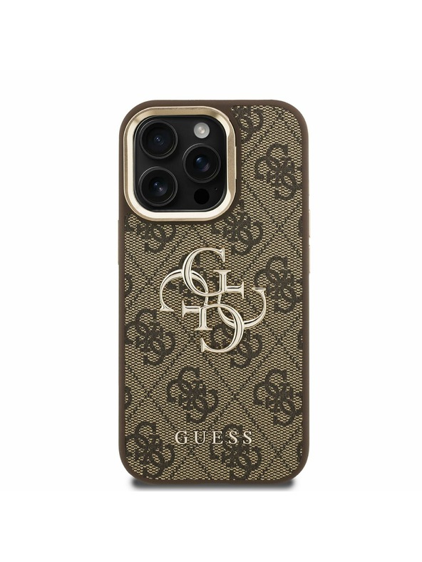 Guess Guess PU 4G Metal Logo Stand Camera Frame Zadnji pokrov za iPhone 15 Pro Max Brown