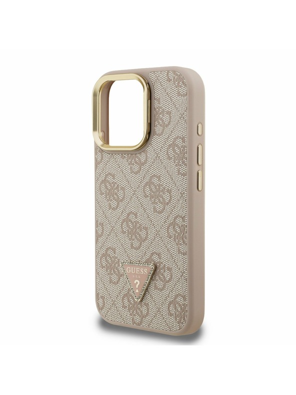 Guess Guess PU 4G Strass Trikotni logotip Stand Camera Frame MagSafe Zadnji pokrov za iPhone 15 Pro Pink