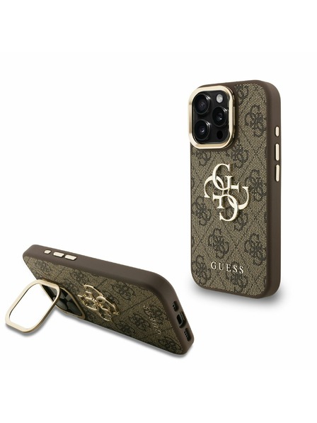 Guess Guess PU 4G Metal Logo Stand Camera Frame Zadnji pokrov za iPhone 16 Pro Max Brown