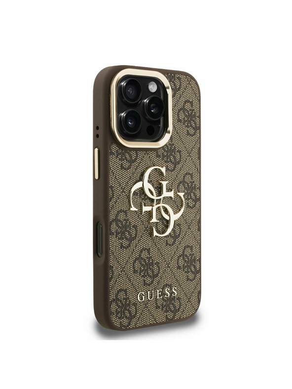 Guess Guess PU 4G Metal Logo Stand Camera Frame Zadnji pokrov za iPhone 16 Pro Brown