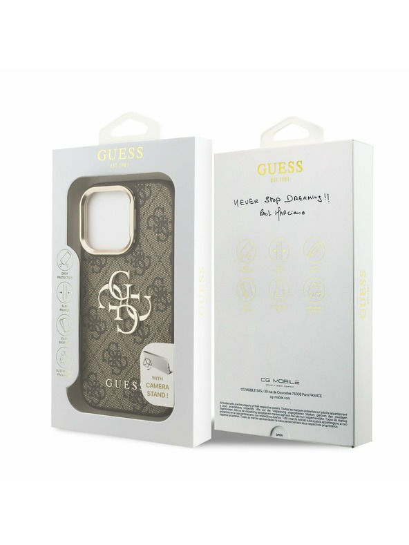 Guess Guess PU 4G Metal Logo Stand Camera Frame Zadnji pokrov za iPhone 16 Pro Brown