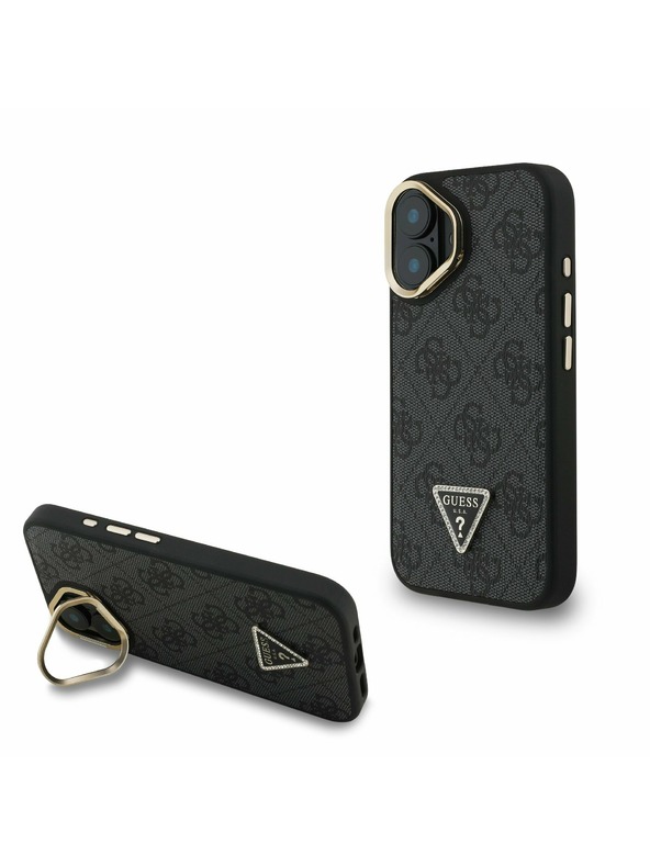 Guess Guess PU 4G Strass Trikotni logotip Stand Camera Frame MagSafe Zadnji pokrov za iPhone 16 Black