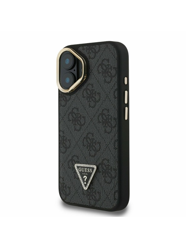 Guess Guess PU 4G Strass Trikotni logotip Stand Camera Frame MagSafe Zadnji pokrov za iPhone 16 Black