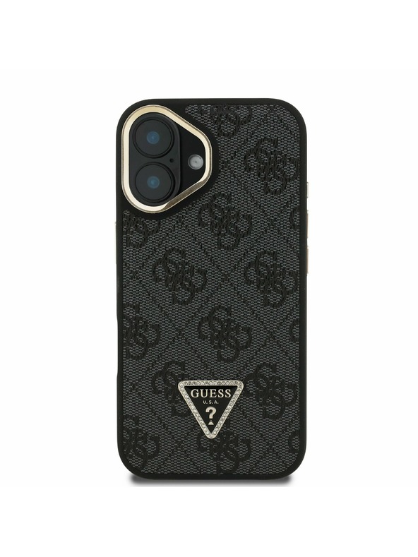 Guess Guess PU 4G Strass Trikotni logotip Stand Camera Frame MagSafe Zadnji pokrov za iPhone 16 Black