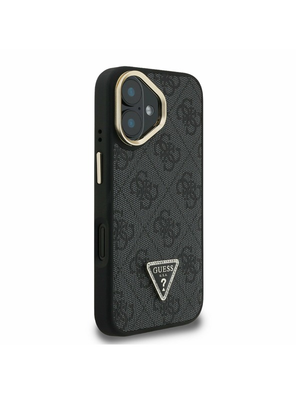 Guess Guess PU 4G Strass Trikotni logotip Stand Camera Frame MagSafe Zadnji pokrov za iPhone 16 Black