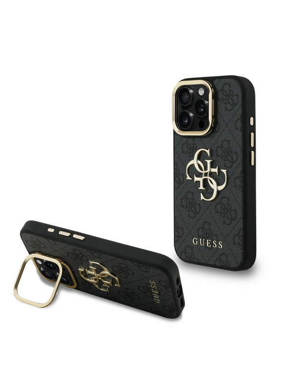 Guess Guess PU 4G Metal Logo Stand Camera Frame Zadnji pokrov za iPhone 15 Pro Black