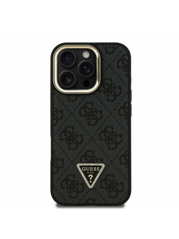 Guess Guess PU 4G Strass Triangle Logo Stand Camera Frame MagSafe Zadnji pokrov za iPhone 16 Pro Max Black