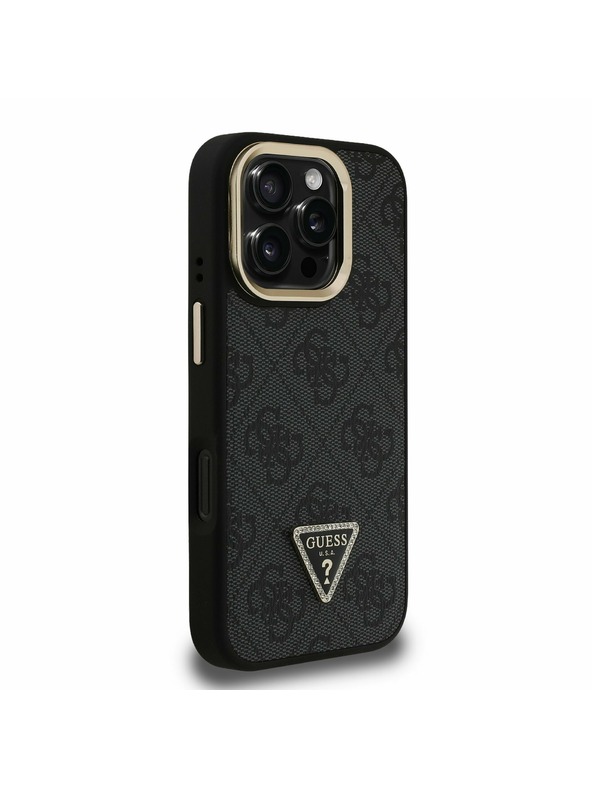 Guess Guess PU 4G Strass Triangle Logo Stand Camera Frame MagSafe Zadnji pokrov za iPhone 16 Pro Max Black