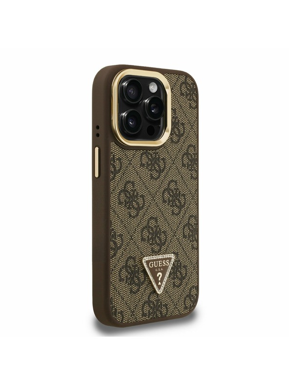 Guess Guess PU 4G Strass Triangle Logo Stand Camera Frame MagSafe Zadnji pokrov za iPhone 15 Pro Max Brown