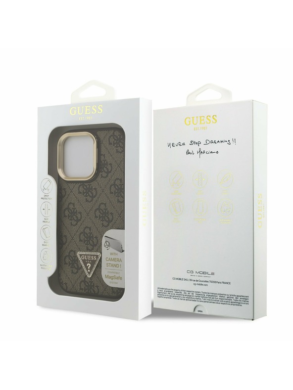 Guess Guess PU 4G Strass Triangle Logo Stand Camera Frame MagSafe Zadnji pokrov za iPhone 15 Pro Max Brown