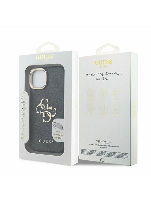 Guess Guess PU 4G Metal Logo Stand Camera Frame Zadnji pokrov za iPhone 15 Black