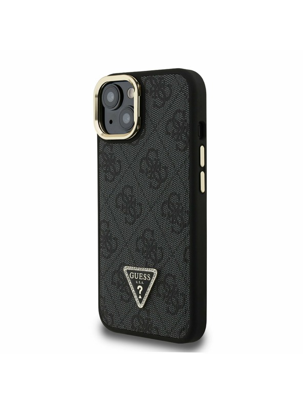 Guess Guess PU 4G Strass Triangle Logo Stand Camera Frame MagSafe Zadnji pokrov za iPhone 15 Black