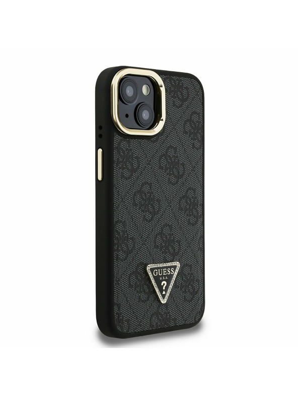 Guess Guess PU 4G Strass Triangle Logo Stand Camera Frame MagSafe Zadnji pokrov za iPhone 15 Black