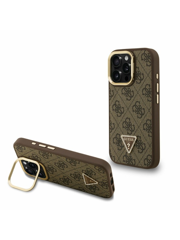 Guess Guess PU 4G Strass Triangle Logo Stand Camera Frame MagSafe Zadnji pokrov za iPhone 16 Pro Brown