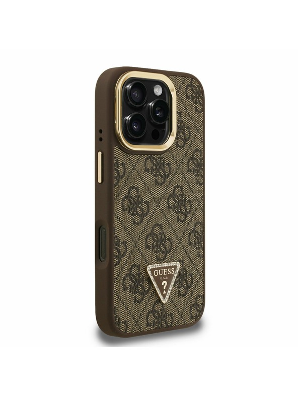 Guess Guess PU 4G Strass Triangle Logo Stand Camera Frame MagSafe Zadnji pokrov za iPhone 16 Pro Brown