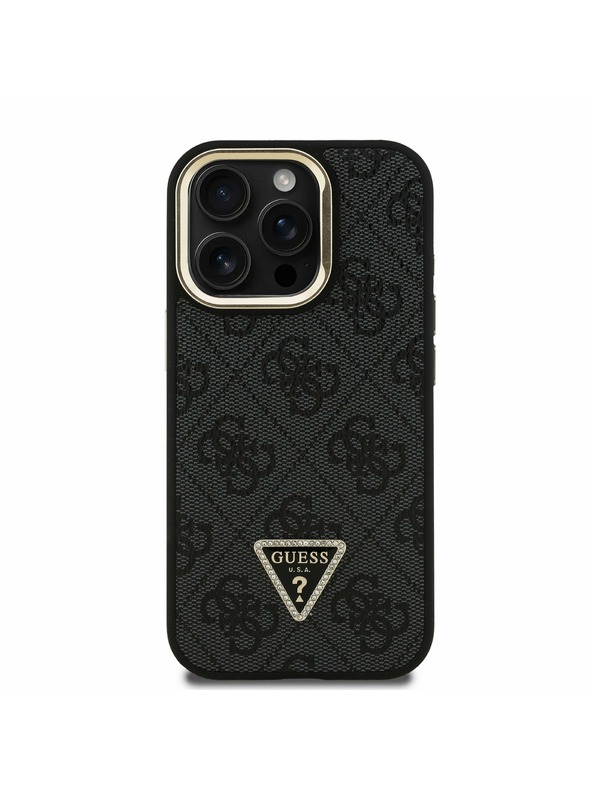 Guess Guess PU 4G Strass Triangle Logo Stand Camera Frame MagSafe Zadnji pokrov za iPhone 15 Pro Black