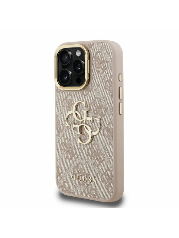 Guess Guess PU 4G Metal Logo Stojalo Camera Frame Zadnji pokrov za iPhone 15 Pro Max Roza