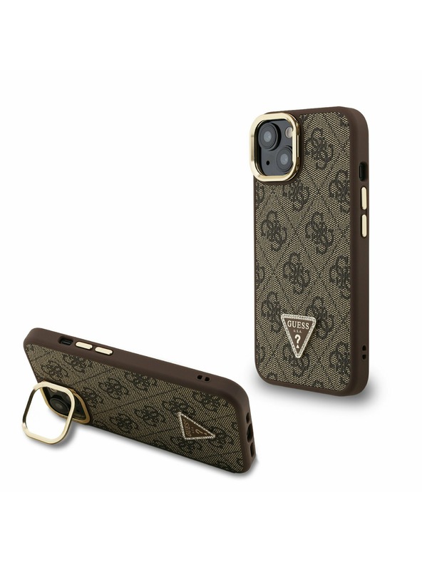 Guess Guess PU 4G Strass Triangle Logo Stojalo Camera Frame MagSafe Zadnji pokrov za iPhone 14 Rjava
