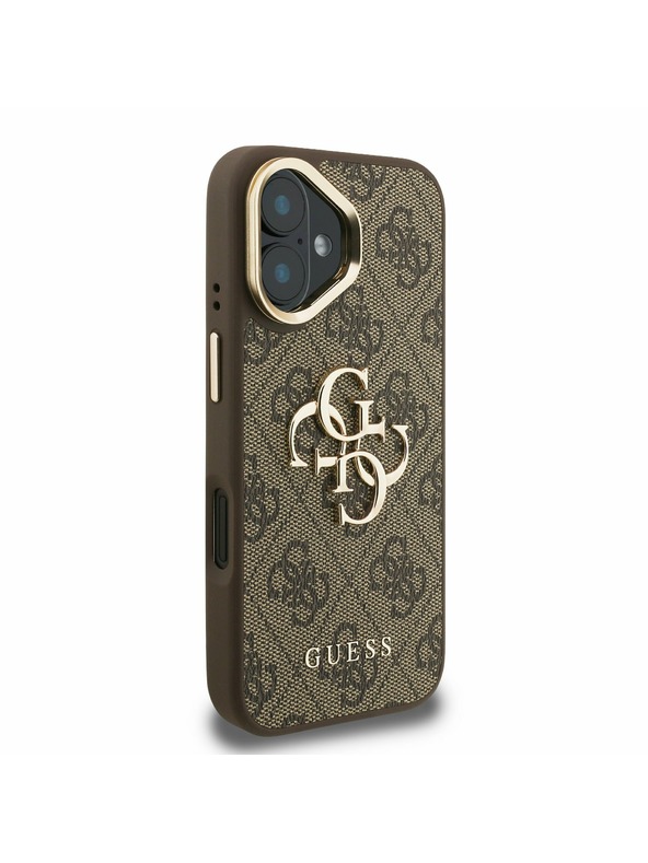 Guess Guess PU 4G Metal Logo Stojalo Camera Frame Zadnji pokrov za iPhone 16 Rjava