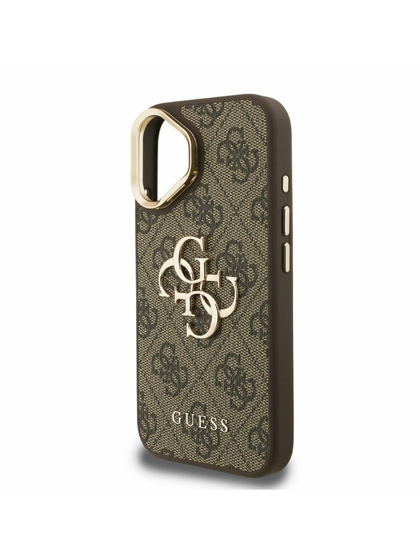 Guess Guess PU 4G Metal Logo Stojalo Camera Frame Zadnji pokrov za iPhone 16 Rjava