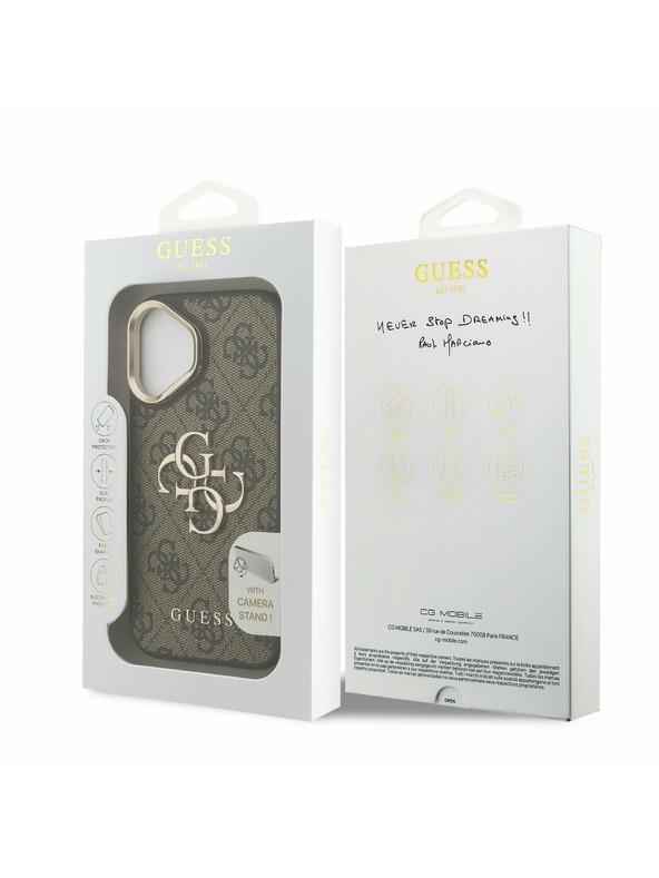 Guess Guess PU 4G Metal Logo Stojalo Camera Frame Zadnji pokrov za iPhone 16 Rjava