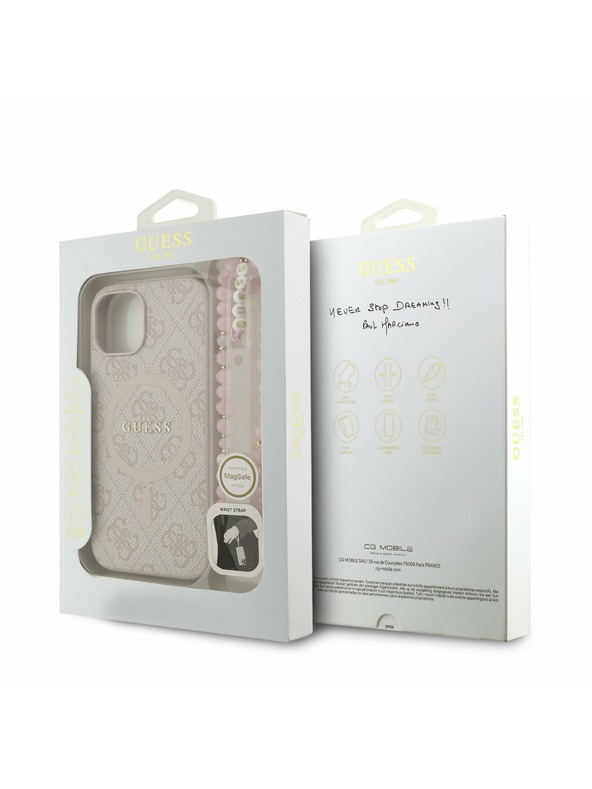 Guess Guess PU Usnje 4G Barvni obroč Trak MagSafe Zadnji pokrov za iPhone 15 Roza