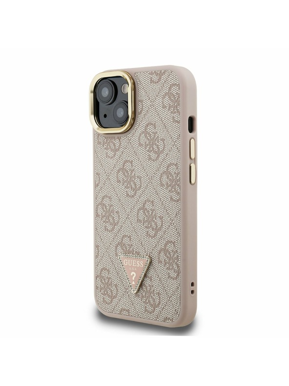 Guess Guess PU 4G Strass Triangle Logo Stojalo Camera Frame MagSafe Zadnji pokrov za iPhone 14 Roza