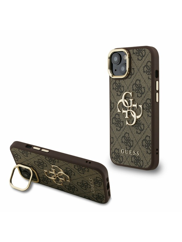 Guess Guess PU 4G Metal Logo Stojalo Camera Frame Zadnji pokrov za iPhone 14 Rjava