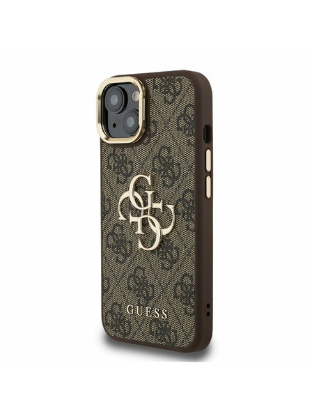Guess Guess PU 4G Metal Logo Stojalo Camera Frame Zadnji pokrov za iPhone 14 Rjava