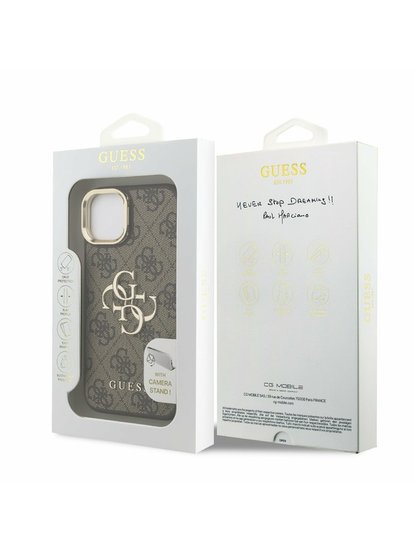 Guess Guess PU 4G Metal Logo Stojalo Camera Frame Zadnji pokrov za iPhone 14 Rjava