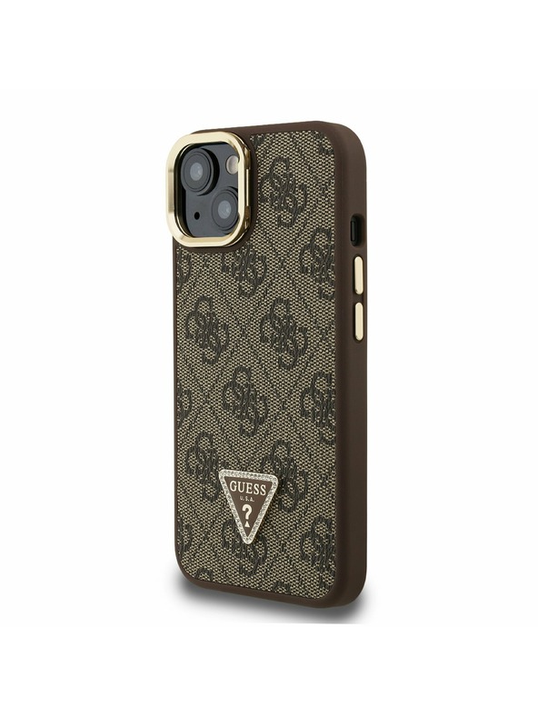 Guess Guess PU 4G Strass Triangle Logo Stojalo Camera Frame MagSafe Zadnji pokrov za iPhone 15 Rjava