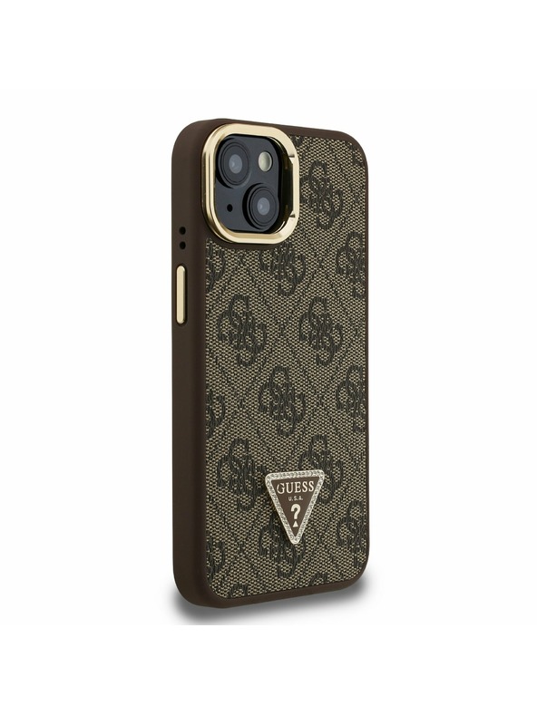 Guess Guess PU 4G Strass Triangle Logo Stojalo Camera Frame MagSafe Zadnji pokrov za iPhone 15 Rjava