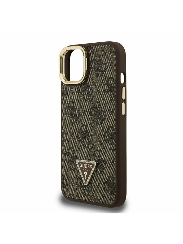 Guess Guess PU 4G Strass Triangle Logo Stojalo Camera Frame MagSafe Zadnji pokrov za iPhone 15 Rjava