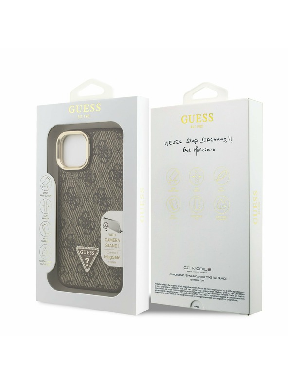 Guess Guess PU 4G Strass Triangle Logo Stojalo Camera Frame MagSafe Zadnji pokrov za iPhone 15 Rjava