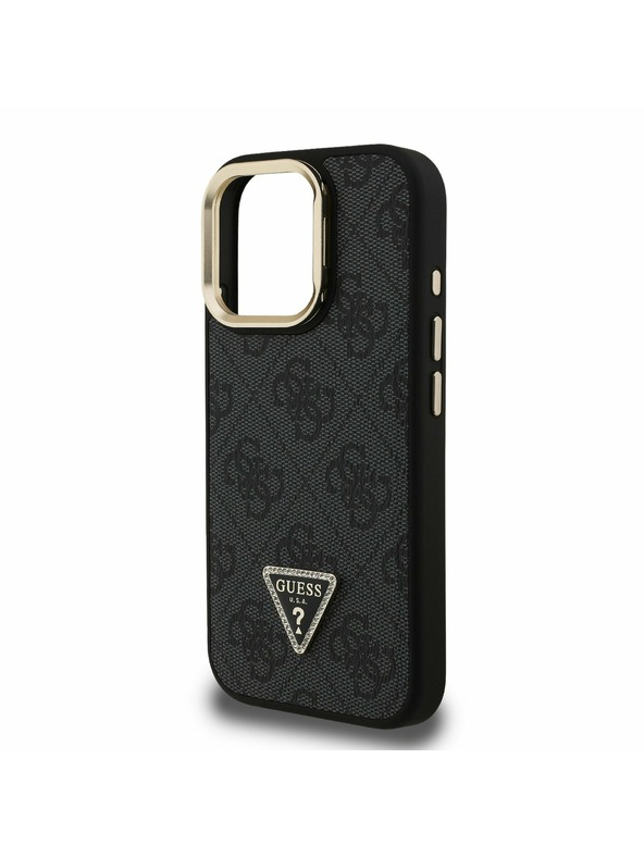 Guess Guess PU 4G Strass Triangle Logo Stojalo Camera Frame MagSafe Zadnji pokrov za iPhone 16 Pro Črna