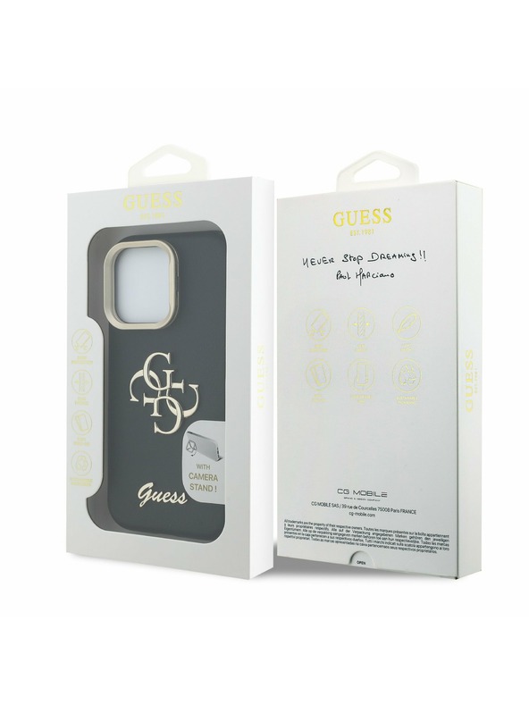 Guess Guess PU Grained 4G Logo Stojalo Camera Frame Zadnji pokrov za iPhone 16 Pro Max Črna