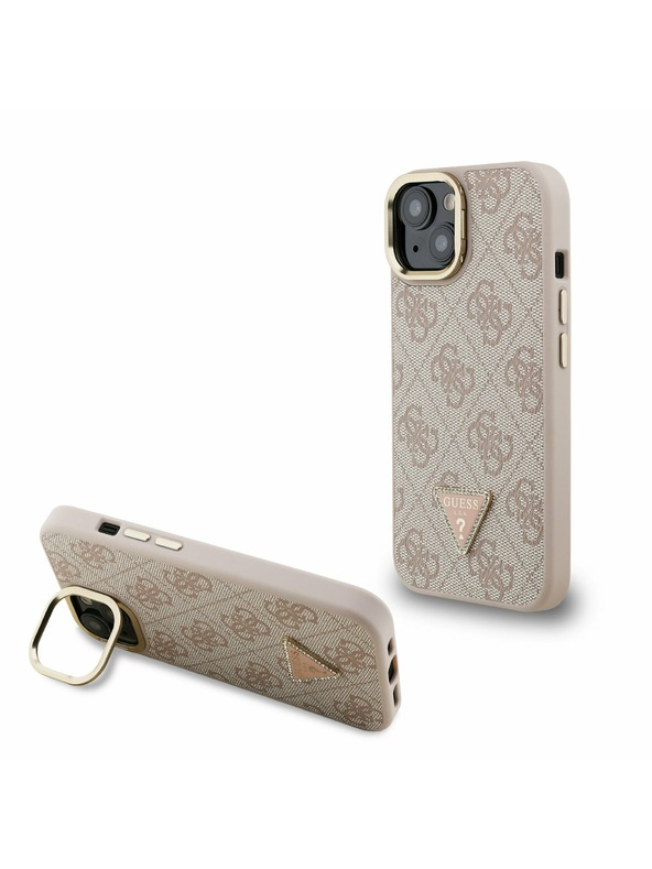 Guess Guess PU 4G Strass Triangle Logo Stojalo Camera Frame MagSafe Zadnji pokrov za iPhone 15 Roza