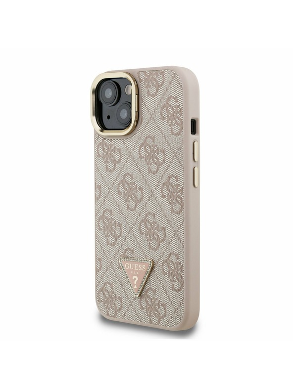 Guess Guess PU 4G Strass Triangle Logo Stojalo Camera Frame MagSafe Zadnji pokrov za iPhone 15 Roza