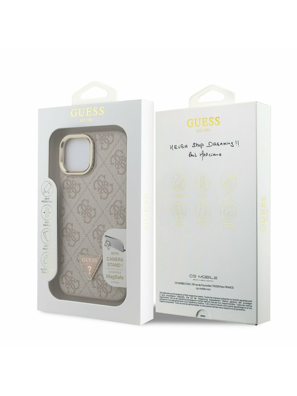 Guess Guess PU 4G Strass Triangle Logo Stojalo Camera Frame MagSafe Zadnji pokrov za iPhone 15 Roza